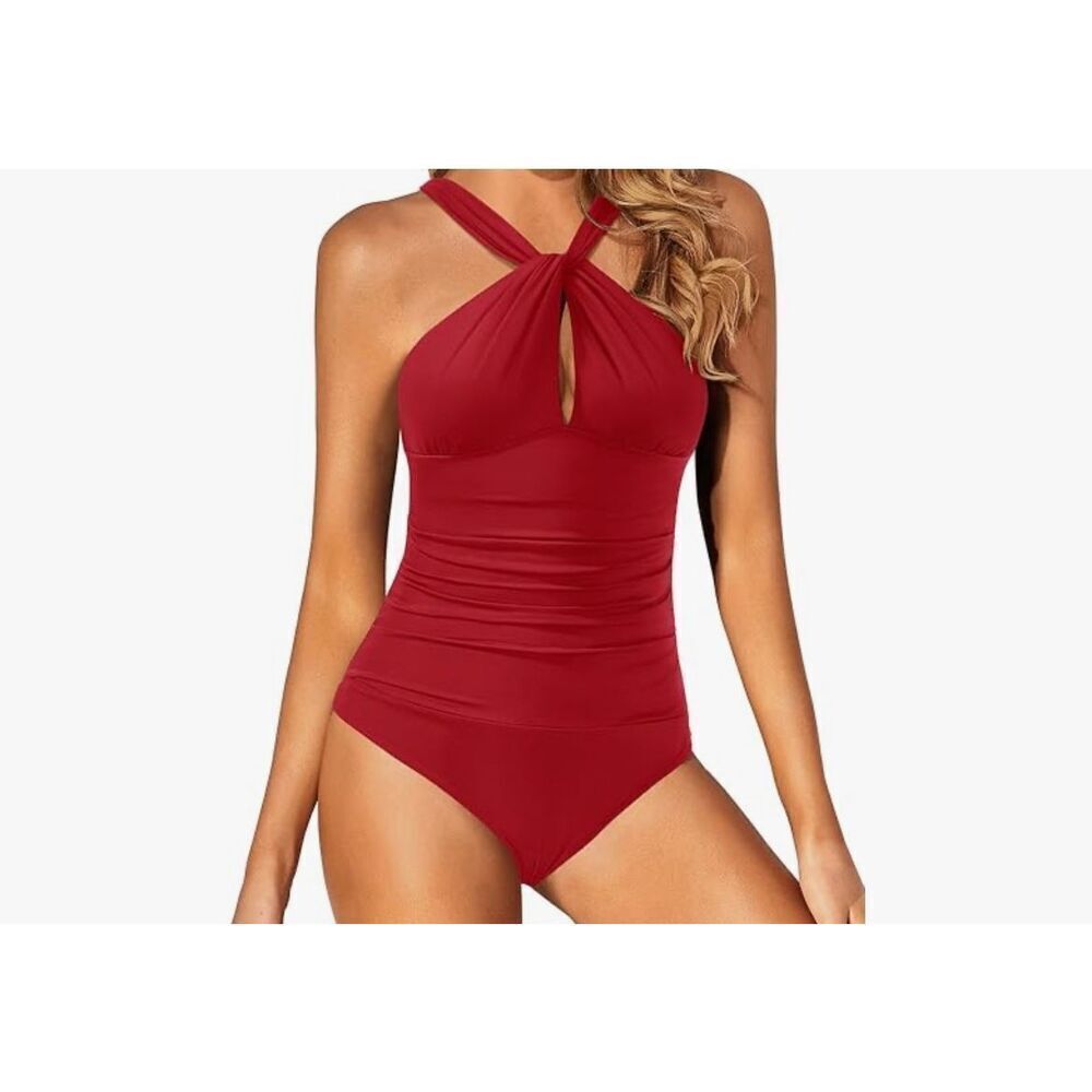 Daci Womens Front Cross One Piece Keyhole Tummy Control‎ Bathing Suit. Medium